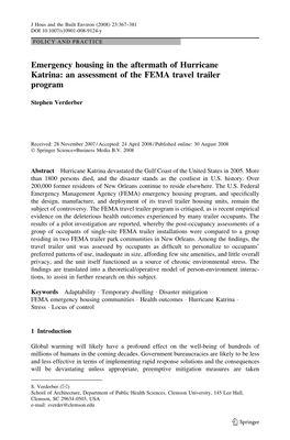 Emergency Housing in the Aftermath of Hurricane Katrina: an Assessment of the FEMA Travel Trailer Program