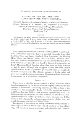 EUCRYPTITE and BIKITAITE from KING's MOUNTAIN, NORTH CAROLINA Pnrnn B. Lrnvbns, Department Oj Geology, Uniaersi,Ty of Delaware
