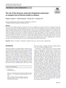 The Role of the American Cockroach (Periplaneta Americana) As Transport Host of Eimeria Tenella to Chickens