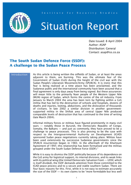 The South Sudan Defence Force (SSDF): a Challenge to the Sudan Peace Process