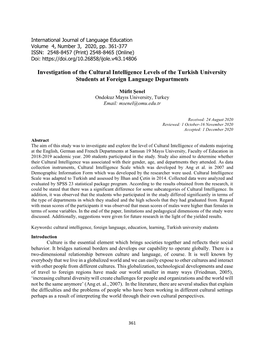 Investigation of the Cultural Intelligence Levels of the Turkish University Students at Foreign Language Departments