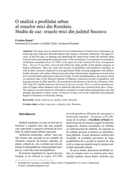 O Analiză a Profilului Urban Al Orașelor Mici Din România. Studiu De Caz: Orașele Mici Din Județul Suceava