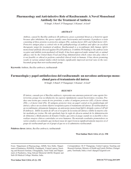 Pharmacology and Anti-Infective Role of Raxibacumab: a Novel Monoclonal Antibody for the Treatment of Anthrax H Singh1, S Ratol2, P Thangaraju3, S Kumar1, a Goel4