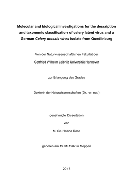 Molecular and Biological Investigations for the Description and Taxonomic Classification of Celery Latent Virus and a German