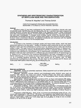 Synthesis and Spectroscopic Characterization of Beryllium Azide and Two Derivatives