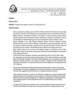 CANVAS February, 2013 SUBJECT: Analysis of the Situation in Burma, As of December 2012. Political Situation Burma Is Governed By