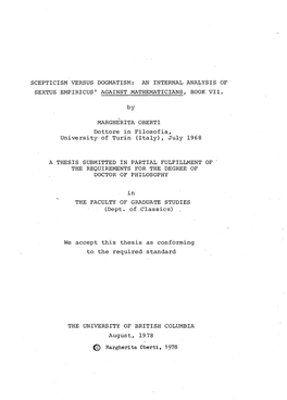 Scepticism Versus Dogmatism: an Internal Analysis of Sextus Empiricus' Against Mathematicians, Book Vii