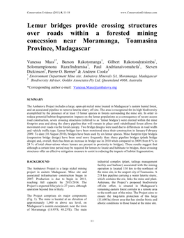 Lemur Bridges Provide Crossing Structures Over Roads Within a Forested Mining Concession Near Moramanga, Toamasina Province, Madagascar