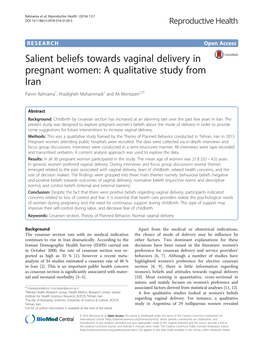 Salient Beliefs Towards Vaginal Delivery in Pregnant Women: a Qualitative Study from Iran Parvin Rahnama1, Khadigheh Mohammadi1 and Ali Montazeri2,3*