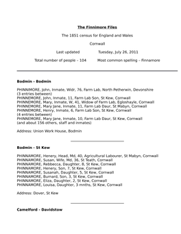 The Finnimore Files the 1851 Census for England and Wales Cornwall