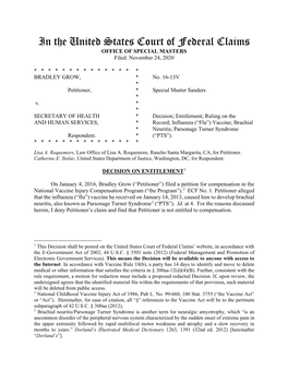 In the United States Court of Federal Claims OFFICE of SPECIAL MASTERS Filed: November 24, 2020