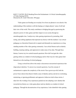 A Critical Autoethnography of Video Gaming (2019) Directed by Dr