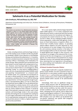 Salvinorin a As a Potential Medication for Stroke John Grothusen, Phd and Renyu Liu, MD, Phd*