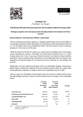 Ted Baker Plc Preliminary Results Announcement for the 53 Weeks