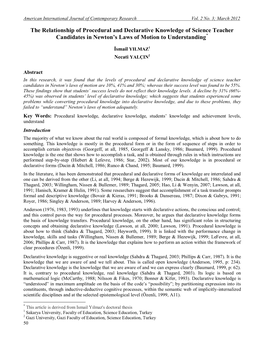 The Relationship of Procedural and Declarative Knowledge of Science Teacher Candidates in Newton’S Laws of Motion to Understanding*