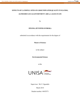 EFFECTS of LANDFILL SITES on GROUNDWATER QUALITY in IGANDO, ALIMOSHO LOCALGOVERNMENT AREA, LAGOS STATE by IFEOMA JENNIFER OYIBOK