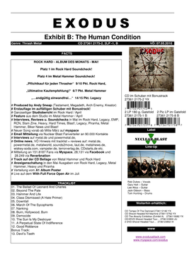 EXODUS Exhibit B: the Human Condition Genre: Thrash Metal CD 27361 2175-2, 2LP -1, B VÖ: 07.05.2010