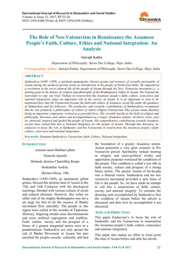 The Role of Neo-Vaisnavism in Renaissance the Assamese People’S Faith, Culture, Ethics and National Integration: an Analysis