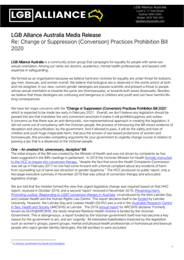 LGB Alliance Australia Media Release Re: Change Or Suppression (Conversion) Practices Prohibition Bill 2020