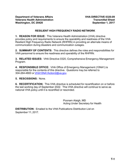 VHA Directive 0320.09 Resilient High Frequency Radio Network