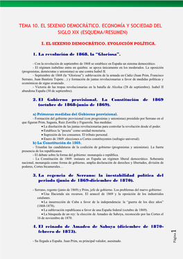 Tema 10. El Sexenio Democrático. Economía Y Sociedad Del Siglo Xix (Esquema/Resumen)