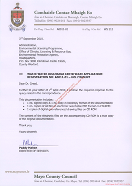 A0011-01 APPROPRIATE ASSESSMENT SCREENING for HOLLYMOUNT WASTEWATER DISCHARGE Certificate of Authorisation Application August 2010