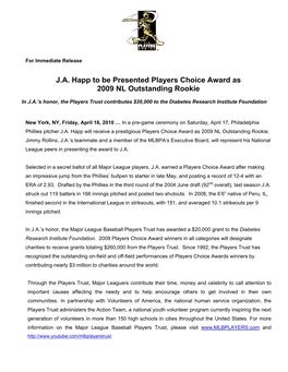 J.A. Happ to Be Presented Players Choice Award As 2009 NL Outstanding Rookie