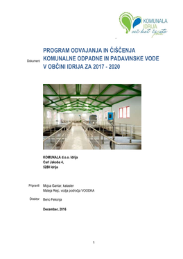 Program Odvajanja in Čiščenja Komunalne Odpadne in Padavinske Vode Za Obdobje 2017 Do 2020