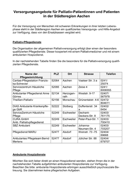 Versorgungsangebote Für Palliativ-Patientinnen Und Patienten in Der Städteregion Aachen