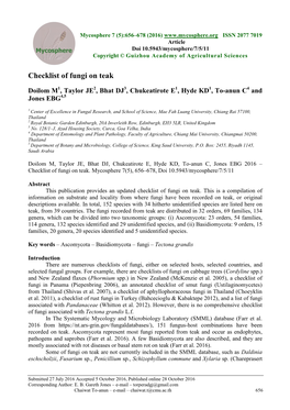 Checklist of Fungi on Teak