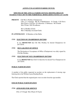 Aston-Cum-Aughton Parish Council Minutes of The