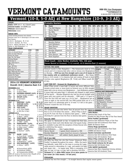 VERMONT CATAMOUNTS O: 802-656-1818 • C: 802-363-6368 Vermont (10-8, 5-0 AE) at New Hampshire (10-9, 3-3 AE) TIPOFF Probable Starters Radio: ESPN 101.3 - A.J