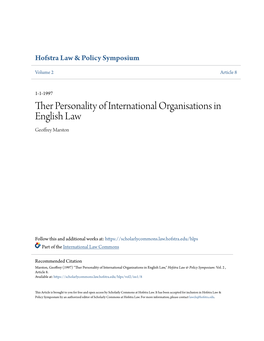 Ther Personality of International Organisations in English Law Geoffrey Marston