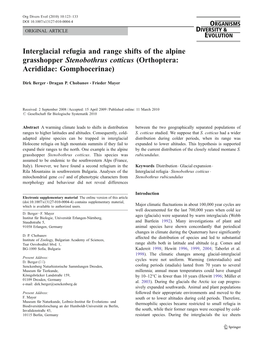 Interglacial Refugia and Range Shifts of the Alpine Grasshopper Stenobothrus Cotticus (Orthoptera: Acrididae: Gomphocerinae)