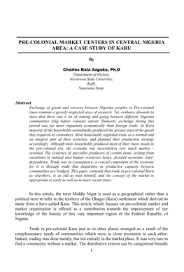 Pre-Colonial Market Centers in Central Nigeria Area: a Case Study of Karu