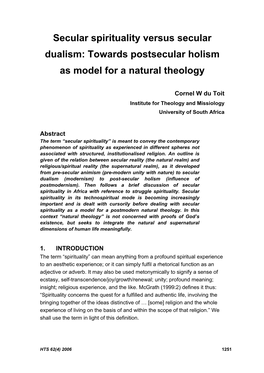 Secular Spirituality Versus Secular Dualism: Towards Postsecular Holism As Model for a Natural Theology