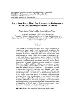 Operational Power Plants Based Impacts on Biodiversity to Assess Ecosystem Degradation in up (India)