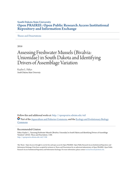 Assessing Freshwater Mussels (Bivalvia: Unionidae) in South Dakota and Identifying Drivers of Assemblage Variation Kaylee L