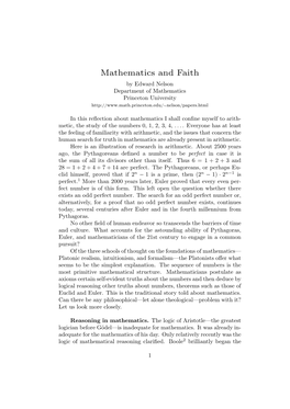 Mathematics and Faith by Edward Nelson Department of Mathematics Princeton University Nelson/Papers.Html ∼