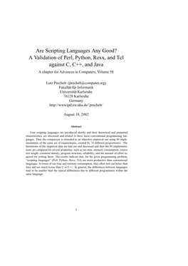 Are Scripting Languages Any Good? a Validation of Perl, Python, Rexx, and Tcl Against C, C++, and Java a Chapter for Advances in Computers, Volume 58