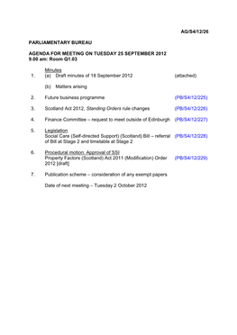 Ag/S4/12/26 Parliamentary Bureau Agenda for Meeting