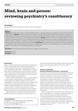 Mind, Brain and Person: Reviewing Psychiatry’S Constituency