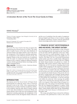 A Literature Review of the Novel the Great Gatsby in China