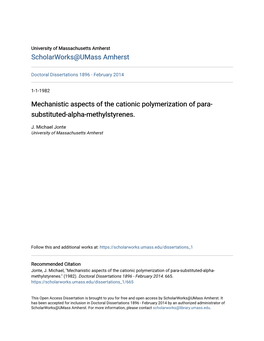 Mechanistic Aspects of the Cationic Polymerization of Para-Substituted-Alpha- Methylstyrenes.