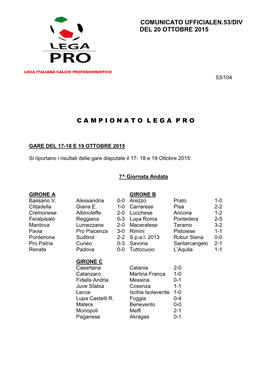 Comunicato Ufficialen.53/Div Del 20 Ottobre 2015