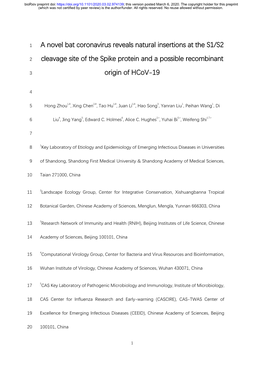 A Novel Bat Coronavirus Reveals Natural Insertions at the S1/S2 Cleavage Site of the Spike Protein and a Possible Recombinant Or