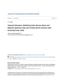 Tejaswini Niranjana. Mobilizing India: Women, Music and Migration Between India and Trinidad, North Carolina: Duke University Press, 2006