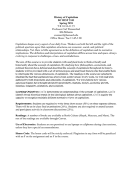 History of Capitalism BC HIST 2101 Spring 2020 T R 10:10-11:25 Professor Carl Wennerlind 806 Milstein Cwennerl@Barnard.Edu Office Hours: Tue 11:45-1:00