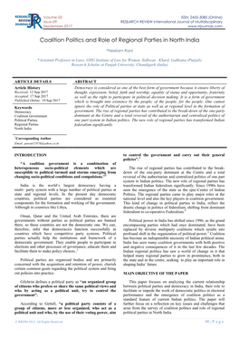 Coalition Politics and Role of Regional Parties in North India