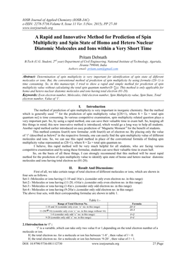 A Rapid and Innovative Method for Prediction of Spin Multiplicity and Spin State of Homo and Hetero Nuclear Diatomic Molecules and Ions Within a Very Short Time